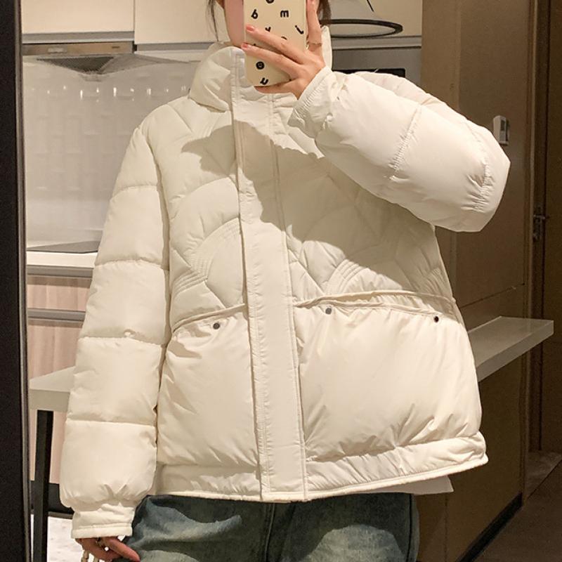 Pevná péřová bunda pro ženy Podzim Zima Nová móda Vintage Parky s dlouhým rukávem Ležérní Stojánek Límeček Zipy Kabáty