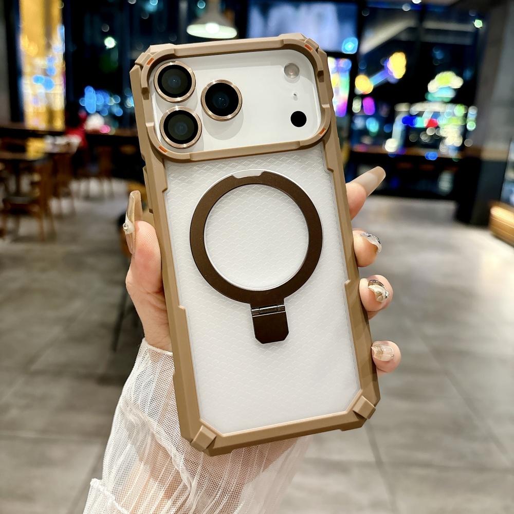 

Прочный ударопрочный металлический магнитный чехол для iPhone 17 Air 16 15 14 13 12 Pro Max Plus Держатель с кольцом для защиты стекла камеры Бронированная крышка iPhone 15 коричневый