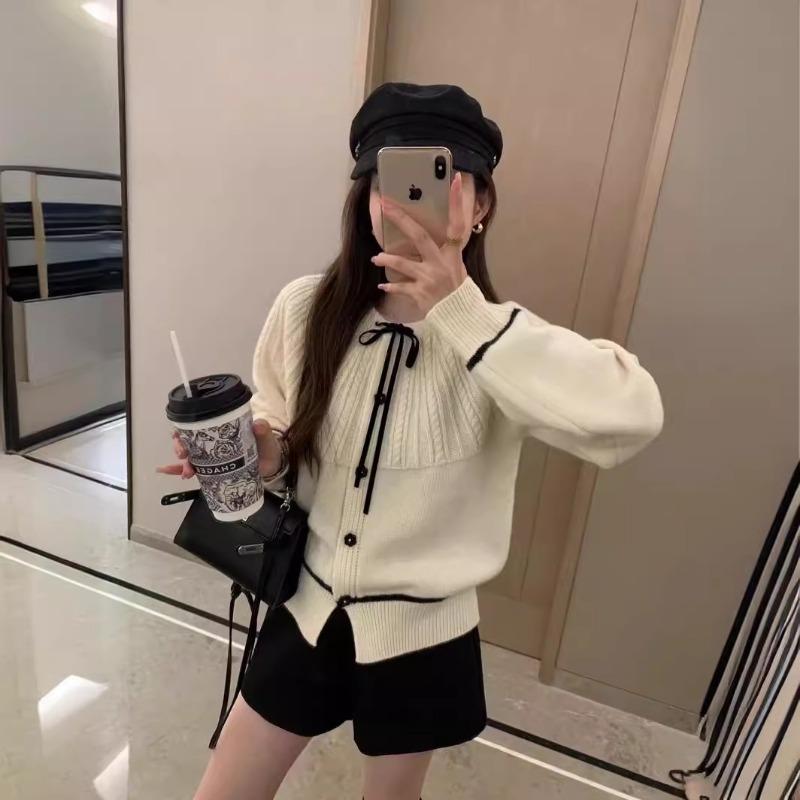 Autumn and Winter Design Sense Soft Waxy Lace-up Bow Casual Twist Versatile Knitted Cardigan Sweater Jacket