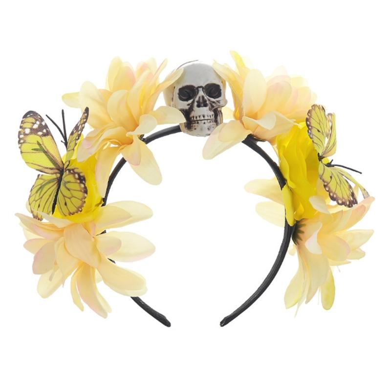 

Halloween FLower Headbands Floral Hairband Skull Butterfly Costume Party Headpiece Photo Props for Women and Girls жёлтый