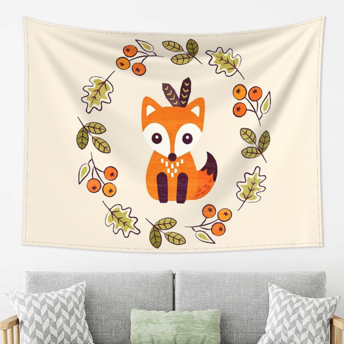 Little Fox With Autumn Berries Tapestry Wall Hanging Aesthetic Home Decoration Tapestries for Dorm Room 74x94cm(29x37in)