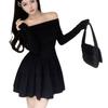 French Temperament One-word Collar A-word Short Skirt Long-sleeved Dress Women's Autumn Clothing Sweet Spice Girl Slim Waist Small Black Dress