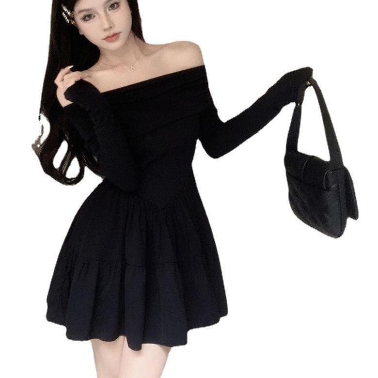 French Temperament One-word Collar A-word Short Skirt Long-sleeved Dress Women's Autumn Clothing Sweet Spice Girl Slim Waist Small Black Dress
