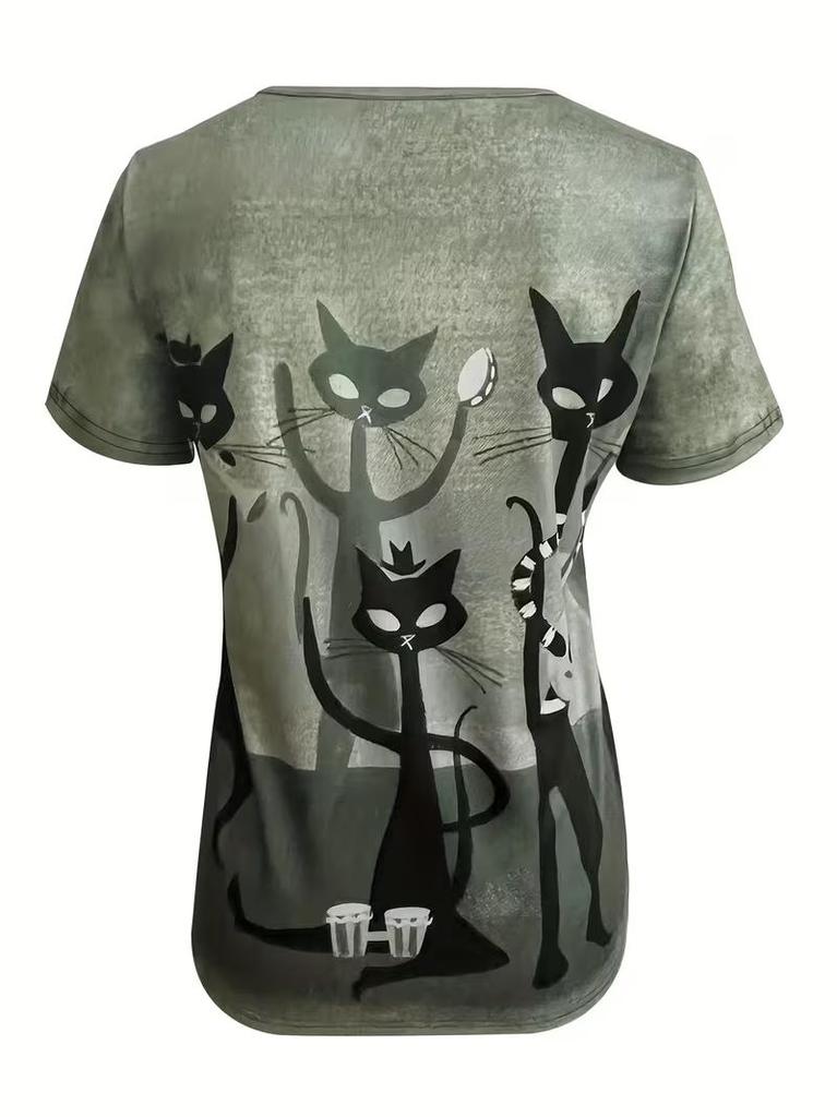 Ladies Cat Graphic Print V Neck Tee Short Sleeve Casual Summer T-Shirt