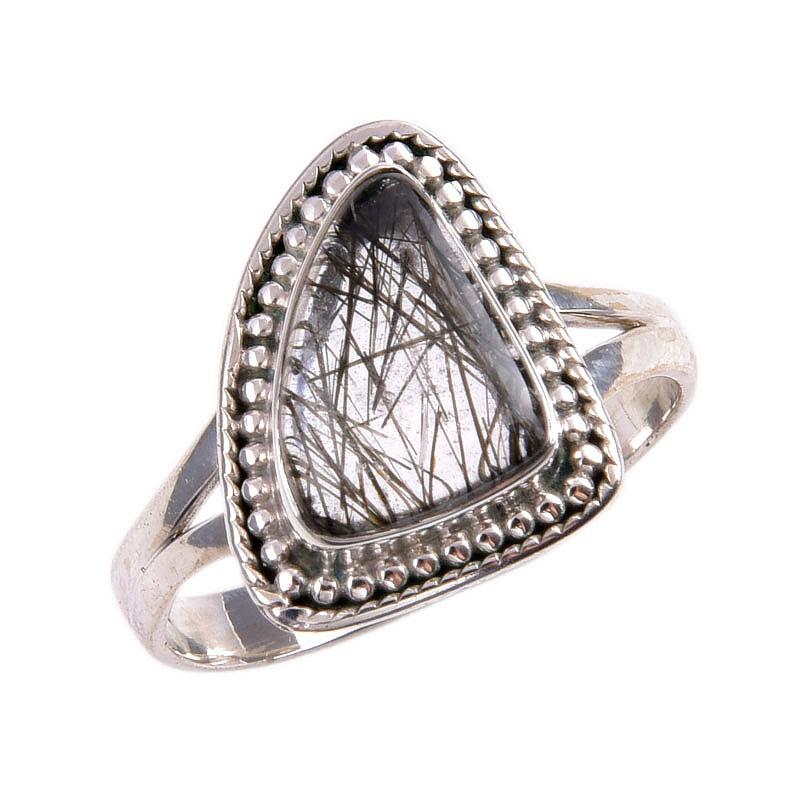 Natural Black Rutile Gemstone 925 Solid Sterling Silver Jewelry Ring Size 9 H8F78