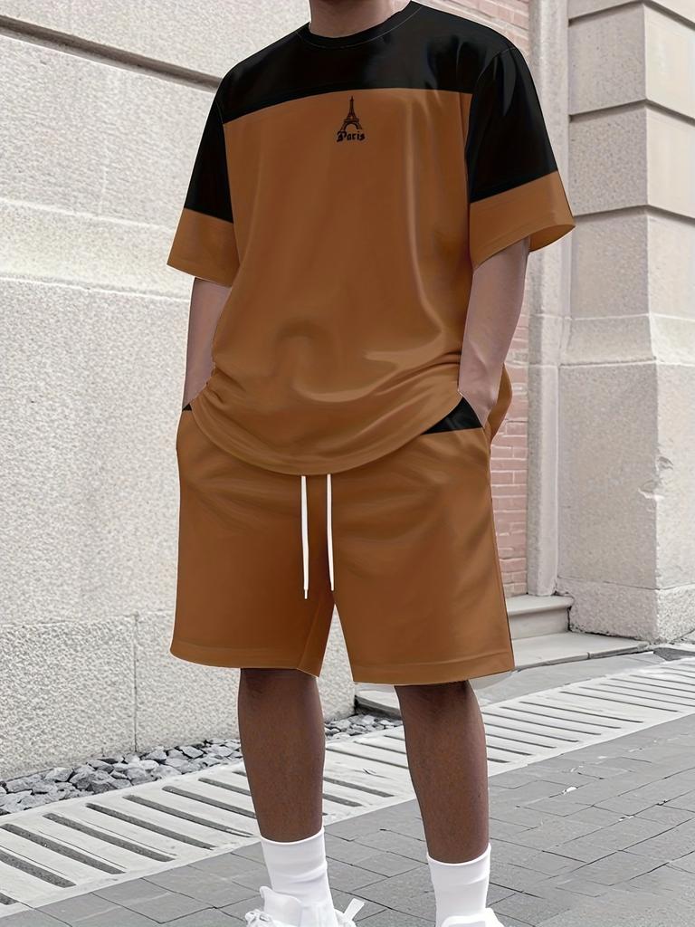 Summer T-Shirt Men's Running Athletic Outfit Two-Piece Set Crew Neck Short Sleeve Top & Shorts Men's Plus Size T-Shirt