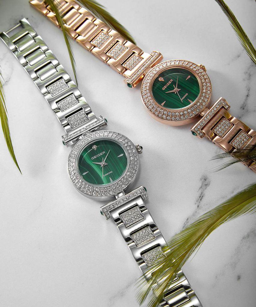 Gaigeo Ge1244Rg_Malachite Women'S Diamond Metal Watch (+2 Types Of Leather Bands)