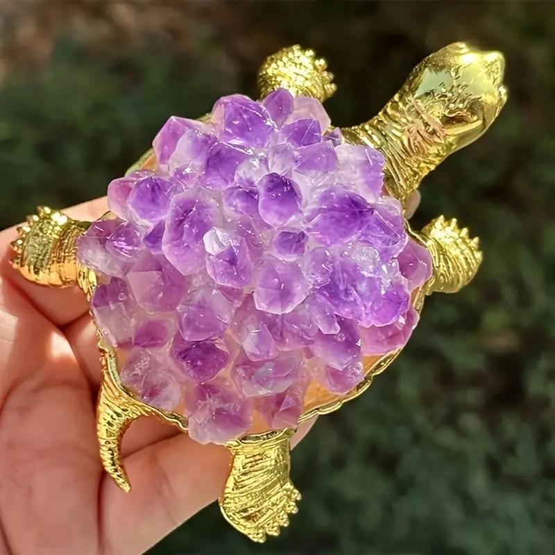 1PC Natural Stone Amethyst Tooth Flower Crystal Tortoise Healing Gemstone Amethyst Turtle Animal Statue For Gift Decoration