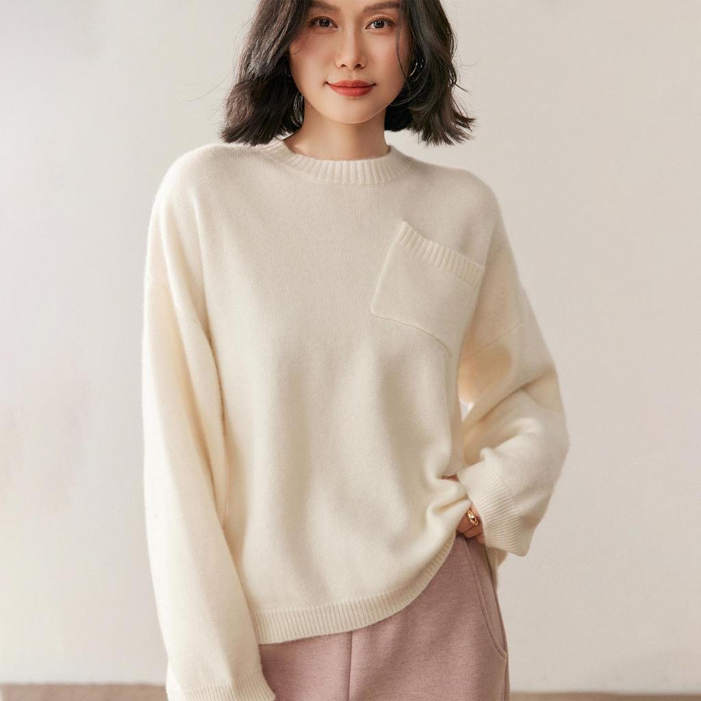 Women's Cashmere Round Neck Sweater - Autumn/Winter 2026 Collection, Loose Fit, Slimming Knit Base Layer with Pockets, Warm and Stylish.