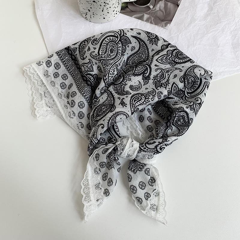 Silk Scarf Neck Small Square Scarf Lace Striped Cashew Nut Silk Scarf Spring and Summer Light Headscarf Headband Decorative Scarf