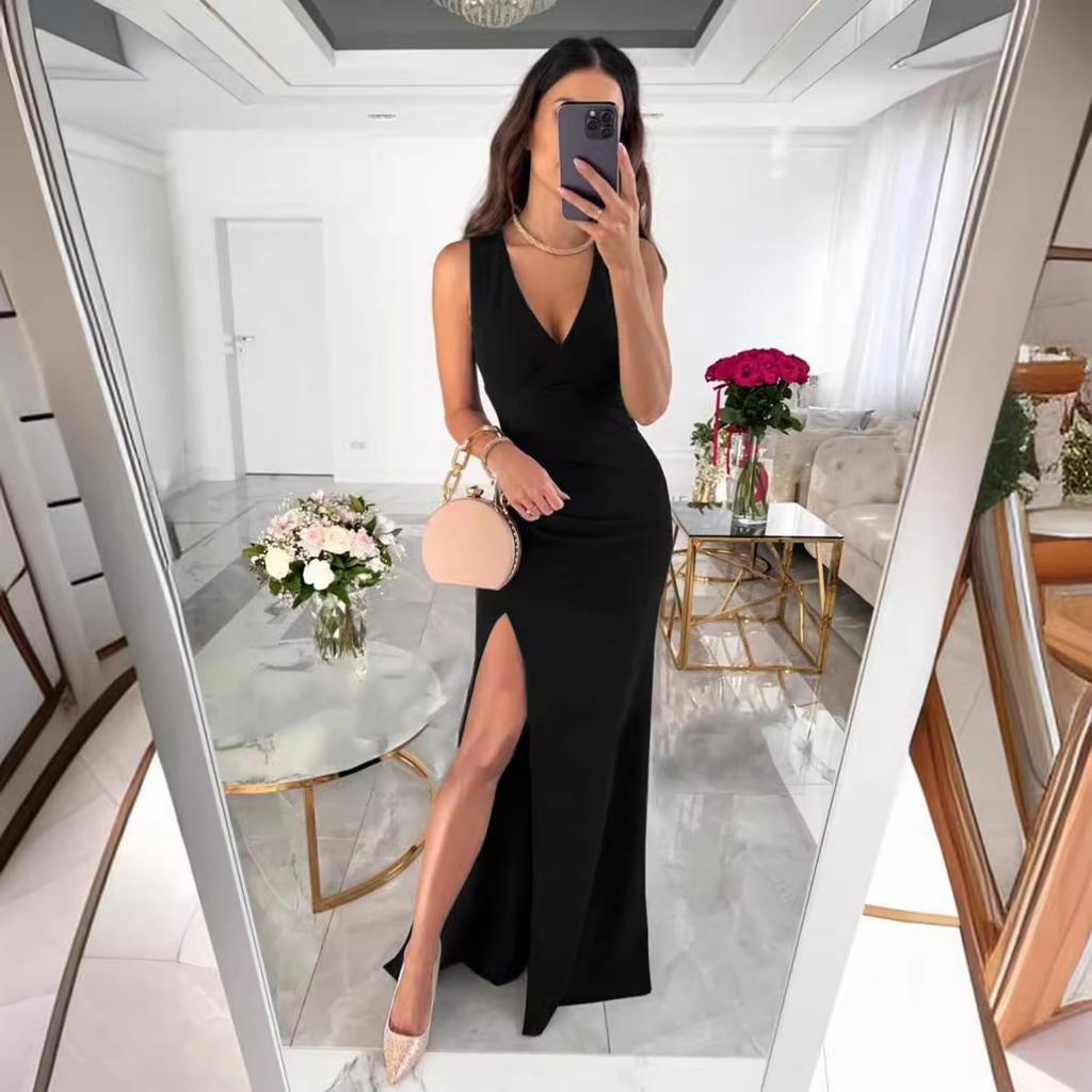 Women's Solid Color Sexy Slim Fit V-neck Sleeveless Slit Midi Dress European American Style Casual Summer Dress for Outdoor Dating
