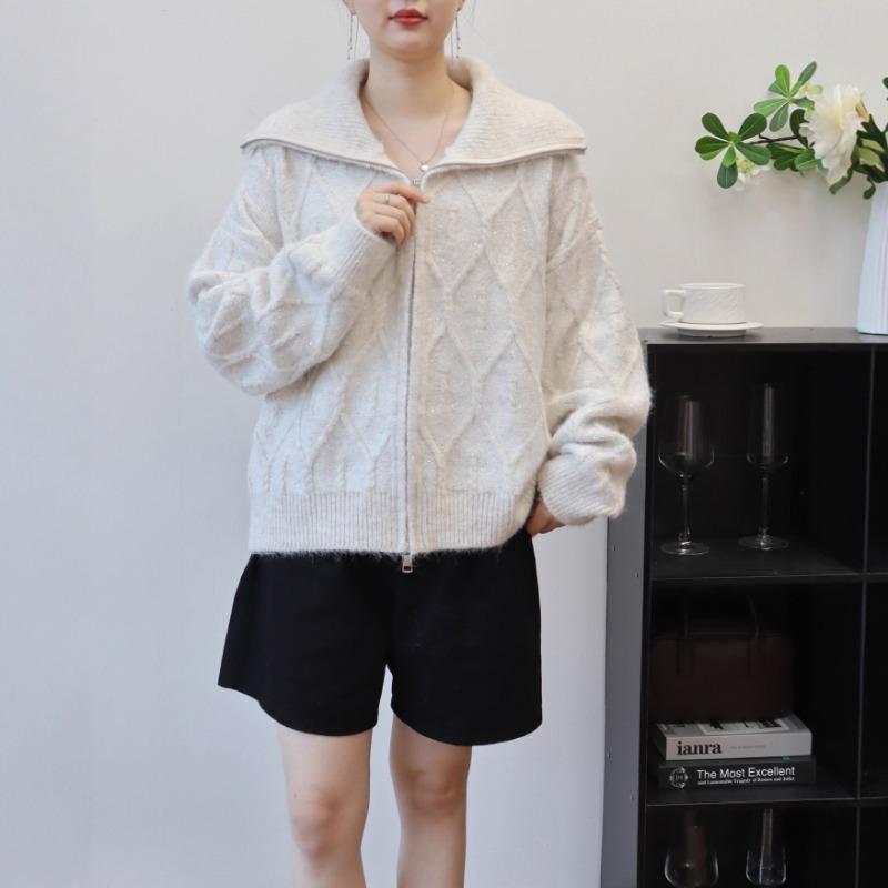 Autumn and winter new double zipper sequined high-end knitted cardigan loose casual versatile sweater jacket women