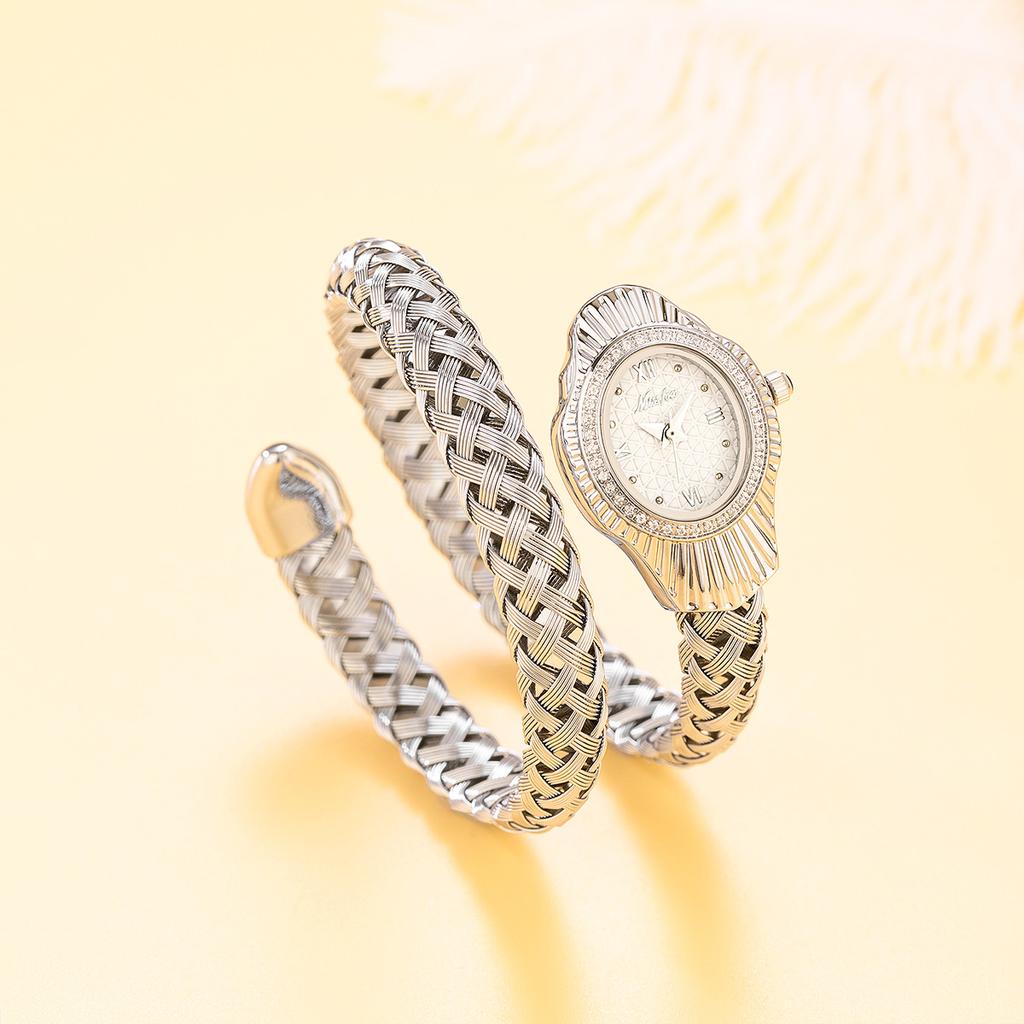 Fashion Women Snake Shape Quartz Watches Weave Design Steel Strap Luxury Rhinestone Dial Wristwatch Girls Clock Reloj Mujer