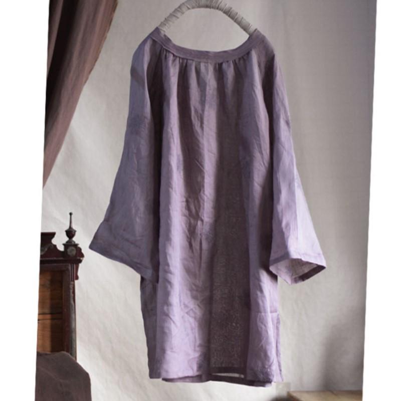 

Johnature Women Vintage Embroidery Floral Tops O-Neck Long Sleeve Spring Solid Color Loose Women Shirts One Size