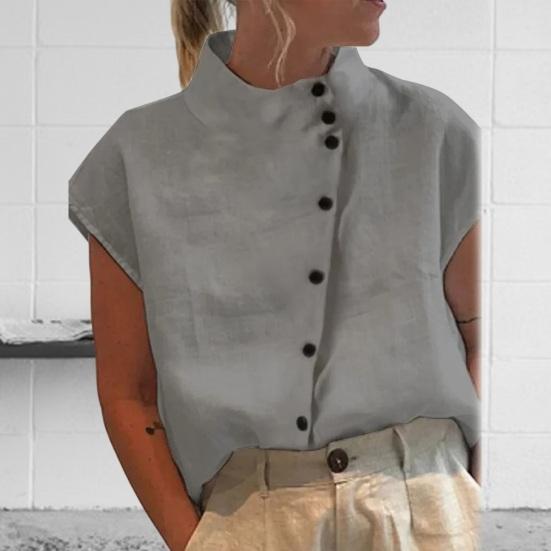 Col Montant Manches Courtes Raglan Chemise Femme Patte de Boutonnage Diagonale Manches Courtes Été Fine Couleur Unie Lâche T-shirt Top Streetwear