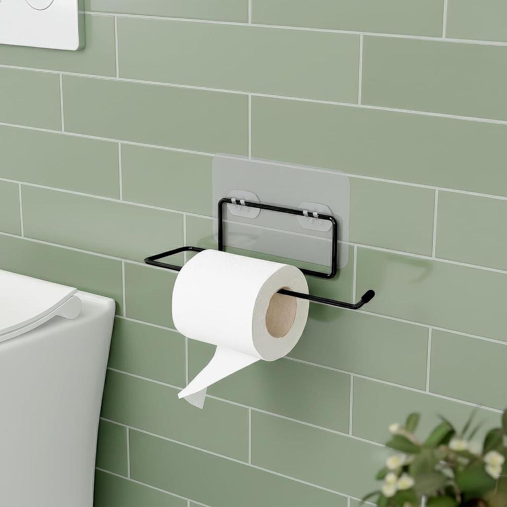Self Adhesive Towel Holder in Bathroom | Toilet Paper Roll Holder | Tissue Roll Hanger for Kitchen, Black (Pack of 2)