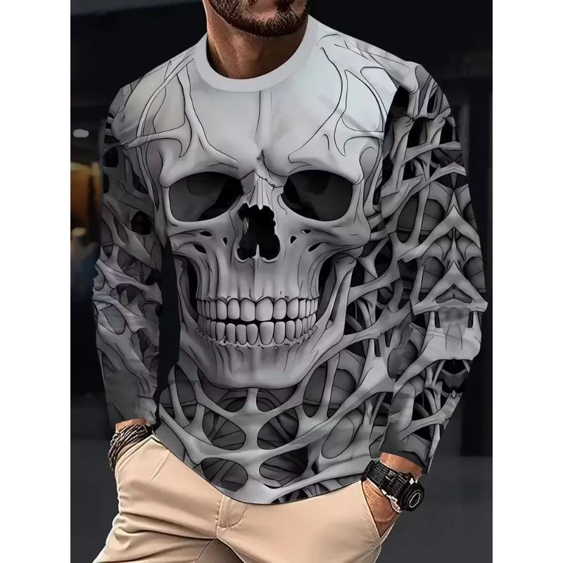 Autumn Men's 3D Horror Skull Print Crew Neck Long Sleeve T-Shirt