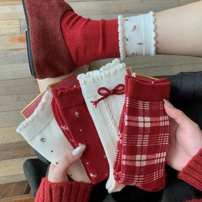 New Year'S Red Floral Wool Socks Korean Twist Medium Tube Socks Thickened Warm Stacking Socks
