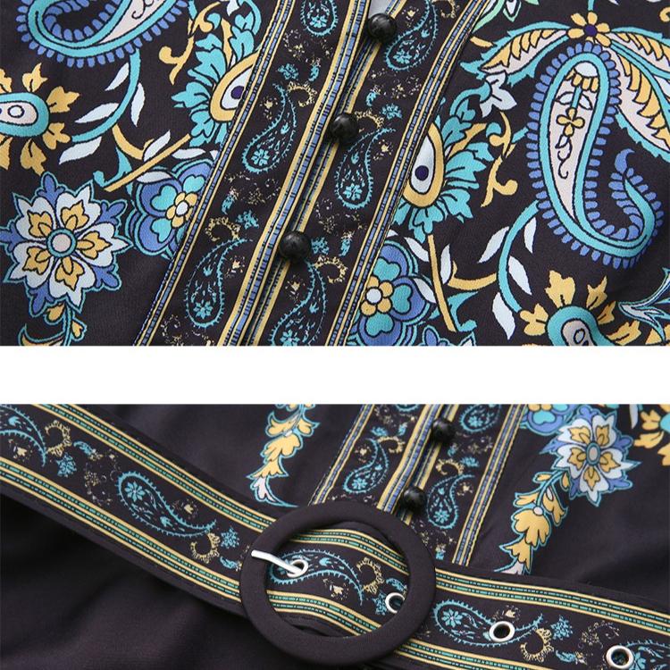 2026 Spring/Summer New Arrival Retro Ethnic-Style Cap Sleeves Printed Long Maxi Dress for Women with Belt