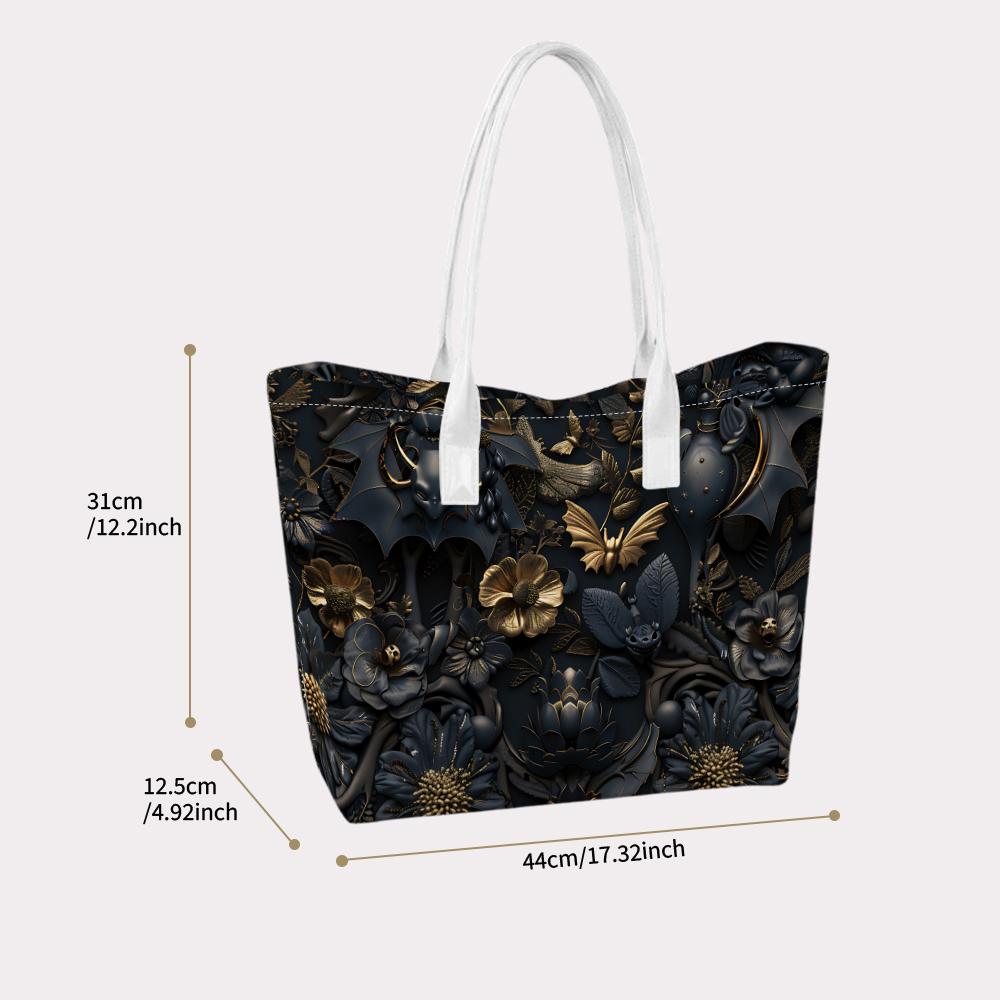Gothic Black Gold Bat Floral Casual Large Shoulder Shopping Tote Bag