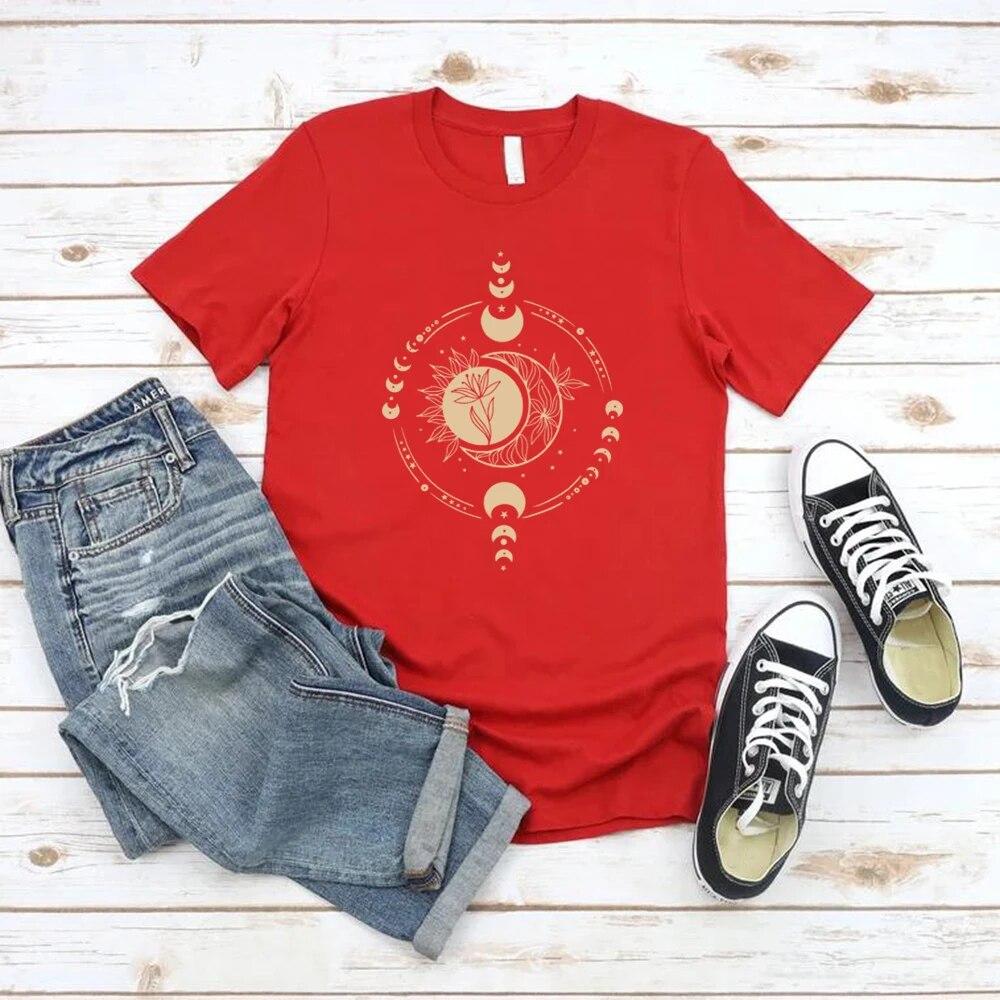 Mystischer Mond und Sonne T-Shirt Mystische Mondphase Shirt Damen T-Shirts Boho Vintage Mond T-Shirt Spirituelles T-Shirt Damen Kleidung