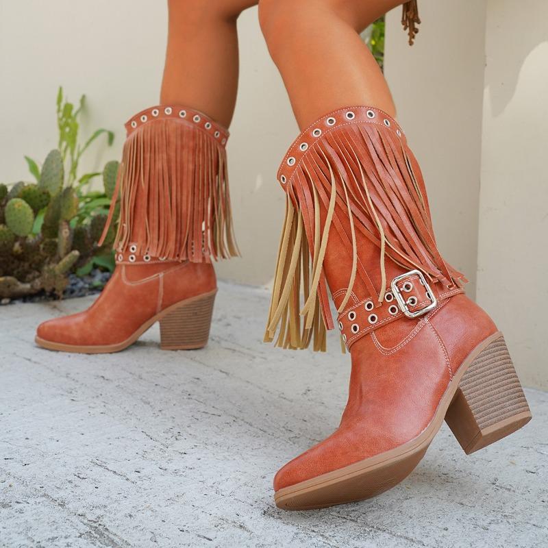 Designer Women's Boots Fashion Pointed Thick Heel Leather Boots Tassel Mid-calf Boots Women's Western Cowboy Booties Botas Mujer