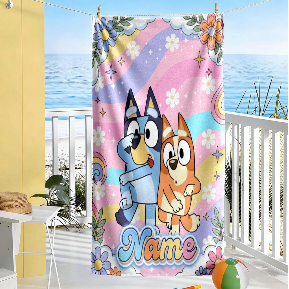 Bluey's Colorful Friends Personalized Name Beach Towel Soft Durable Quick-Dry Suitable for Swimming Gym Camping Yoga Vacation