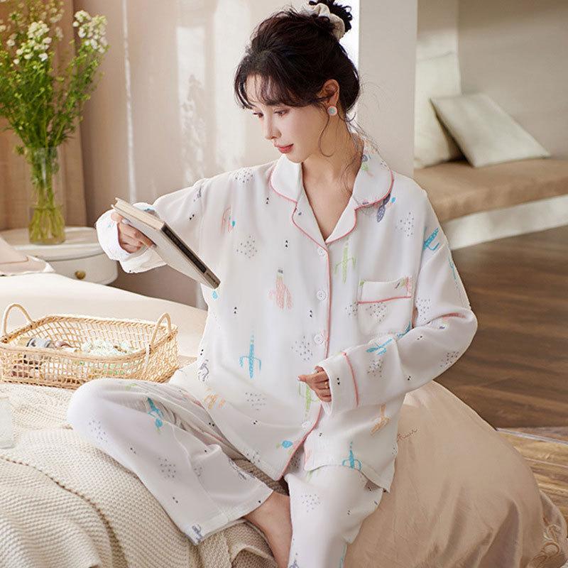 Pajamas women's spring and autumn imitation cotton high value fresh and sweet love women's long-sleeved trousers set loose loungewear