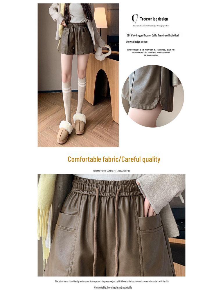 Damen Winter-Bootcut-Shorts aus PU-Leder mit hohem Bund: Elastischer Bund, lockerer Schnitt mit weitem Bein