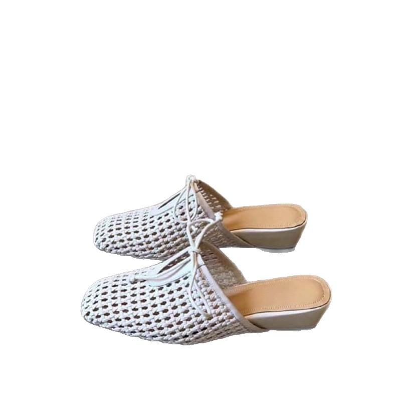 French British style square head hollowed out hand-woven wedge heel women's shoes 2025 new bag head single shoes