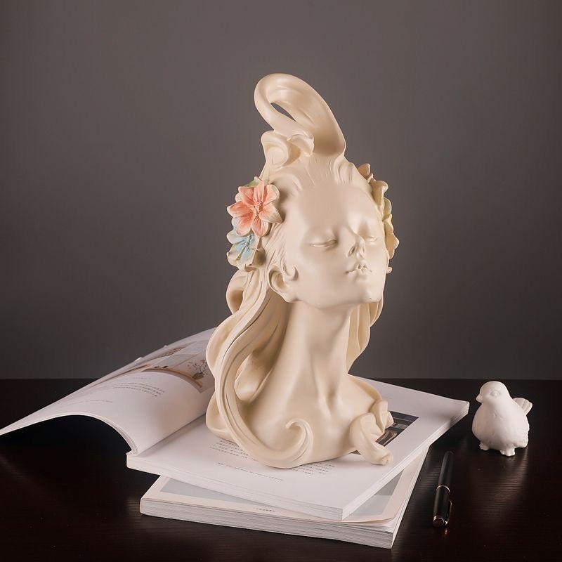 Flower Head Girl Sculpture Resin Figure Decoration Home Livingroom Table Figurines Accessories Art Hotel Desk Statue Ornaments