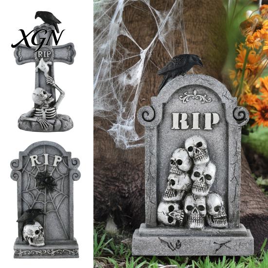 Vintage Style Horror Statue Halloween Skull Tombstone, Stone Look Retro Gothic Resin Creepy Distressed Gray Effect Figurine Crow Gravestone