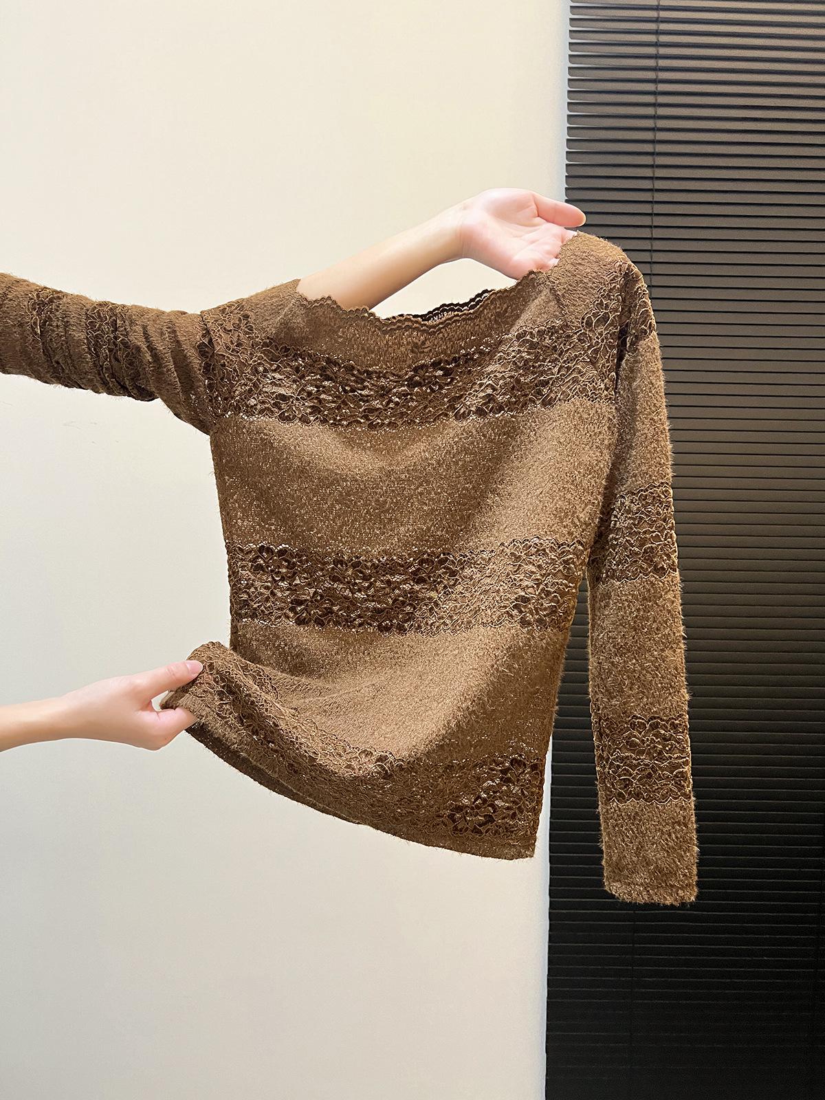 Elegant One-Shoulder Lace Gradient T-Shirt - Chic Spring Cover-Up Extra Large кофейный