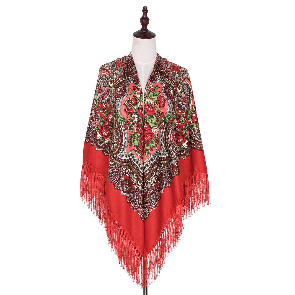 

Extra Large 160cm Ethnic Style Shawl Cotton Linen Square Scarf with Tassels 160*160cm красный
