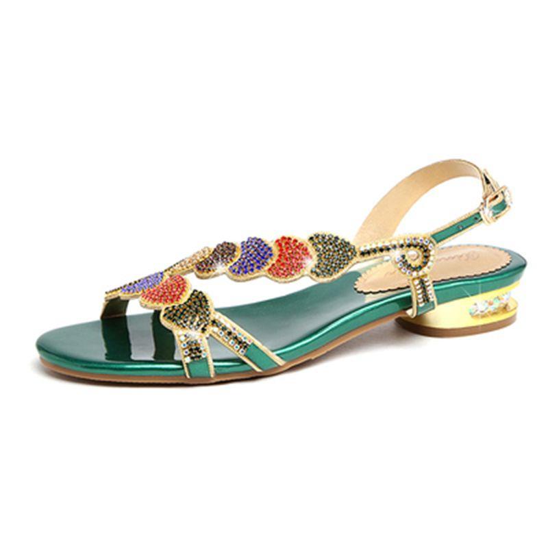 JIMITU Sandali Estivi Nuovi in Pelle da Donna Sandali con Strass a Tacco Basso Fondo Piatto Clip-Toe Tacco Spesso Fiori Sandali di Lusso Regalo