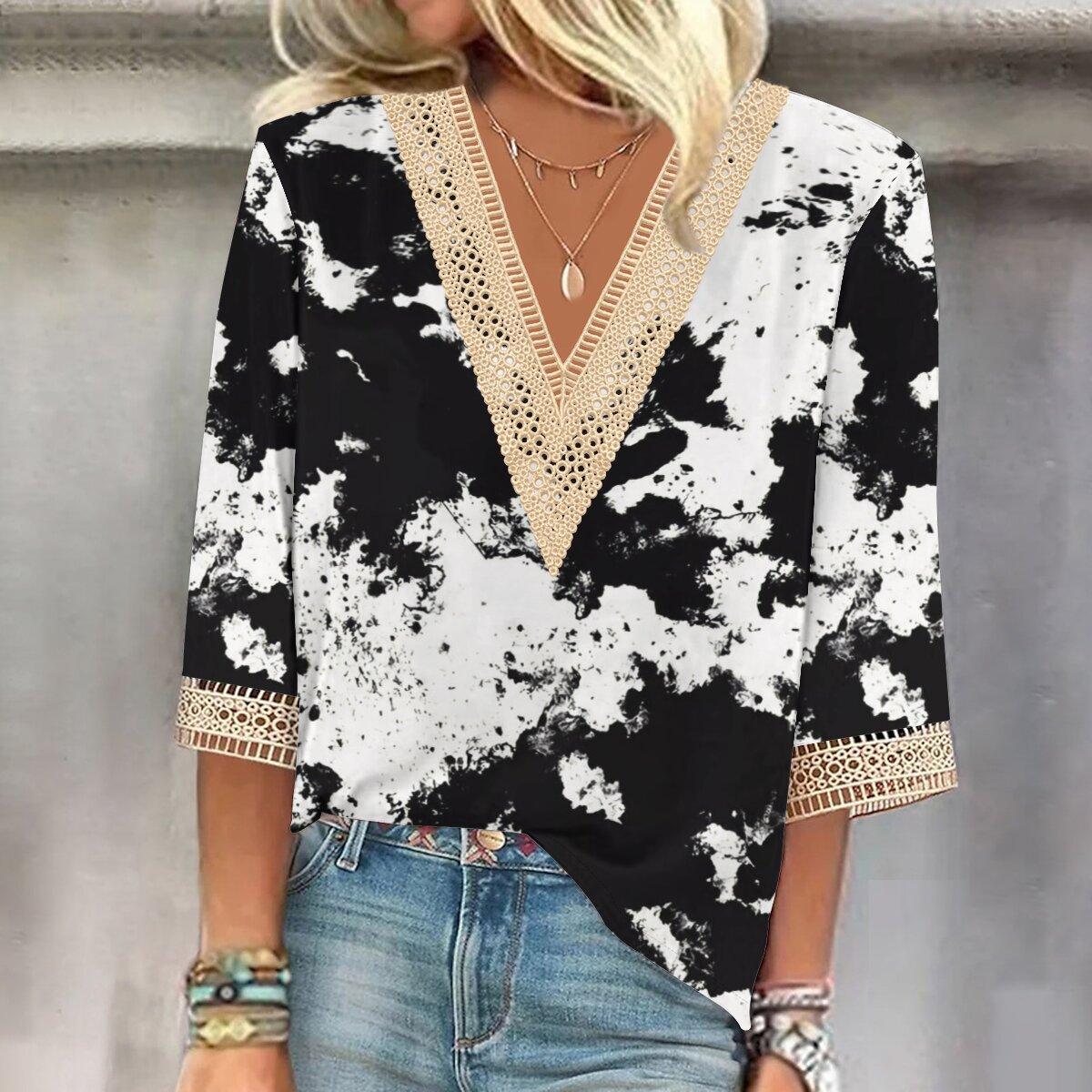 

Осень 2023, новая мода, женский повседневный топ с v-образным вырезом и рукавом 3/4 с принтом, большие размеры