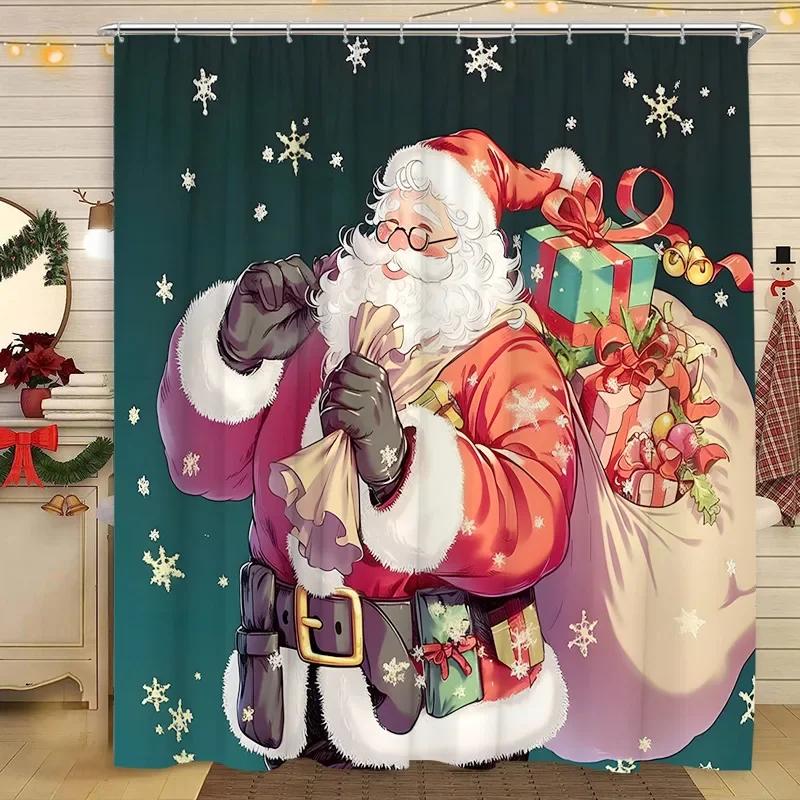 Christmas Shower Curtain Santa Claus Christmas Tree Cat Dog Winter Snowy Snowflake Home Polyester Fabric Bathroom Decor Curtai