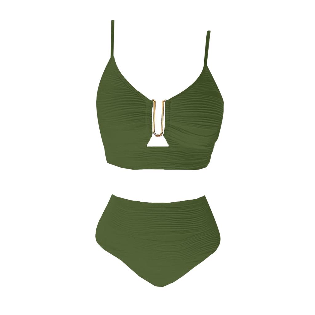 Women Two Piece Swimsuit High Waist Bikini Set Textured Fabric V Neck Top Adjustable Straps Swimwear for Beach Pool Vacation