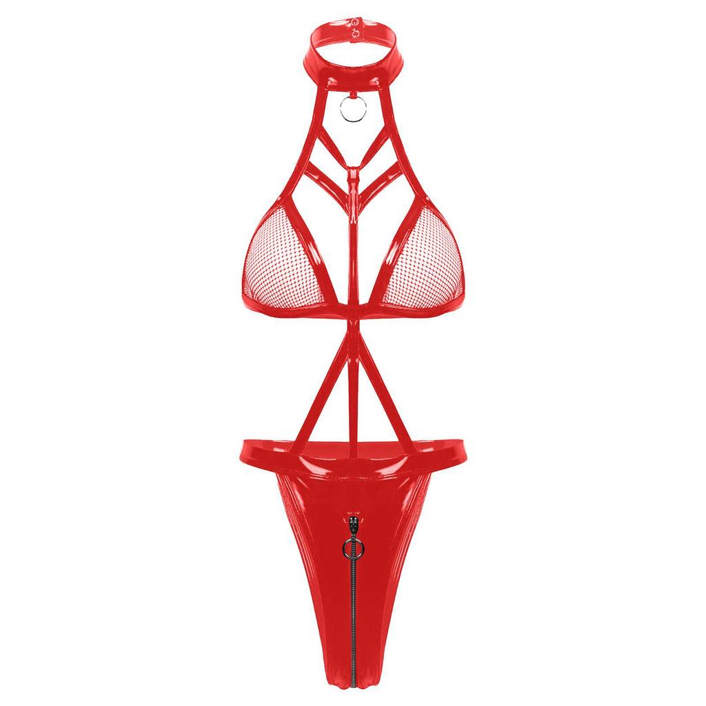 European & American Sexy Patent Leather Mesh Three-Point Bodysuit Lingerie Set