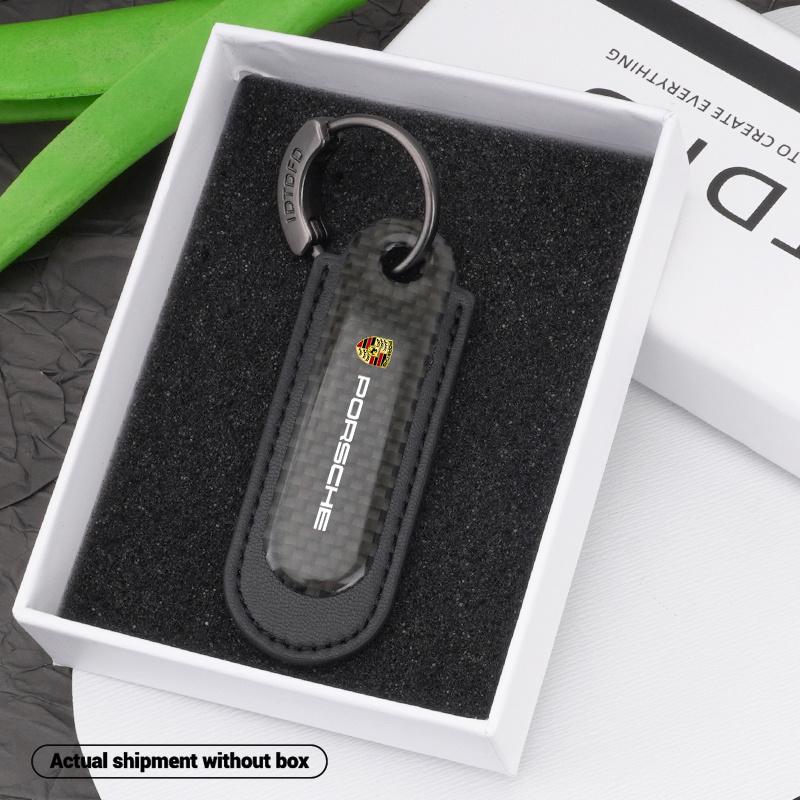 Luksusowy Brelok do Kluczy Samochodowych z Włókna Węglowego Skórzany Brelok Prezenty Dla Porsche Cayenne Panamera Macan Boxster Cayman 718 911 Naklejka