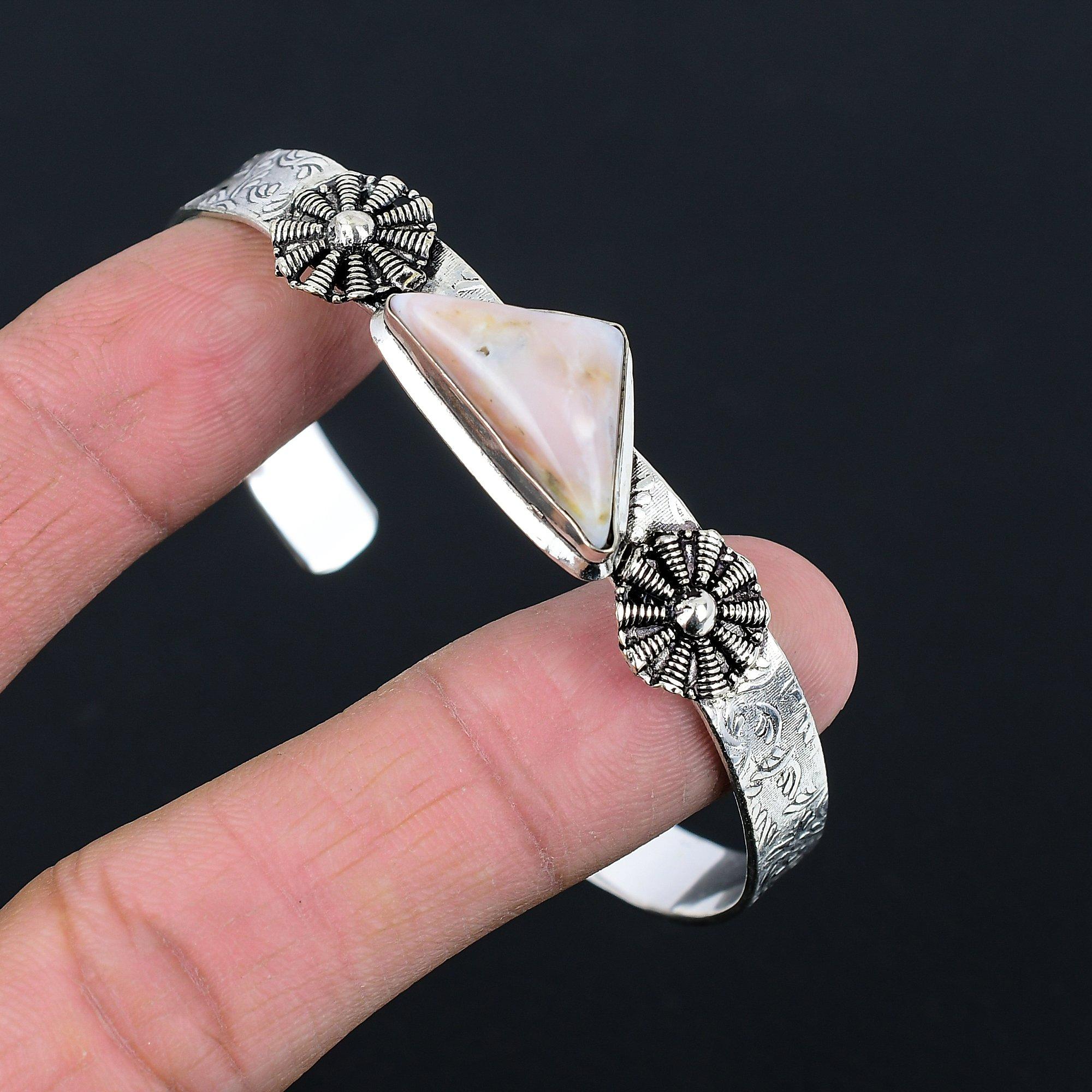 

Mothers day Sale Trillion Pink Opal Stone Trendy Boho Bangle 925 Sterling Silver Adjustable