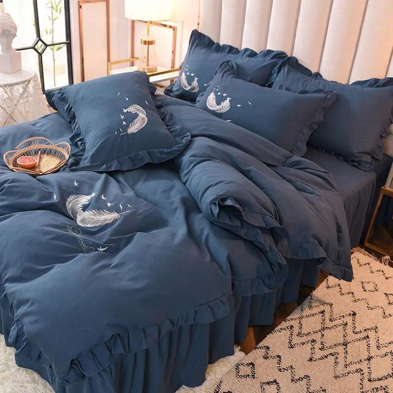 4pcs/set Korean Feather Embroidered Bed Skirt Bedding Set Female Princess Style Solid Color Double Sheet Quilt Cover Pillowcases Set