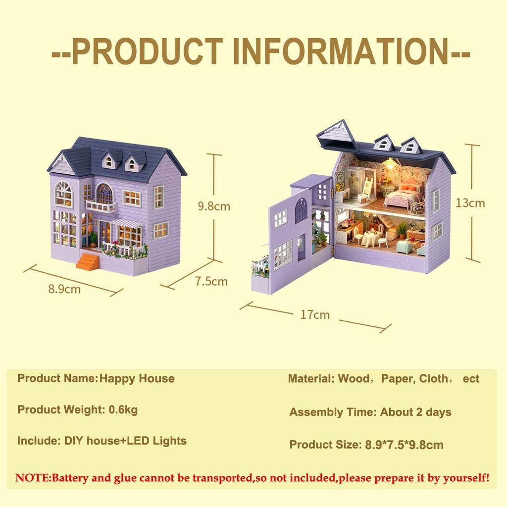 CUTEROOM Wooden Dollhouse Kit, DIY Miniature House, Easy To Assemble, Handmade Kit for Kids with LED Lights (D032)