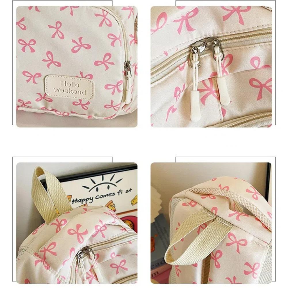3 Pcs/Set Cute Large Capacity Bow Backpack Bow Print Nylon School Bag Adjustable Strap Travel Backpack