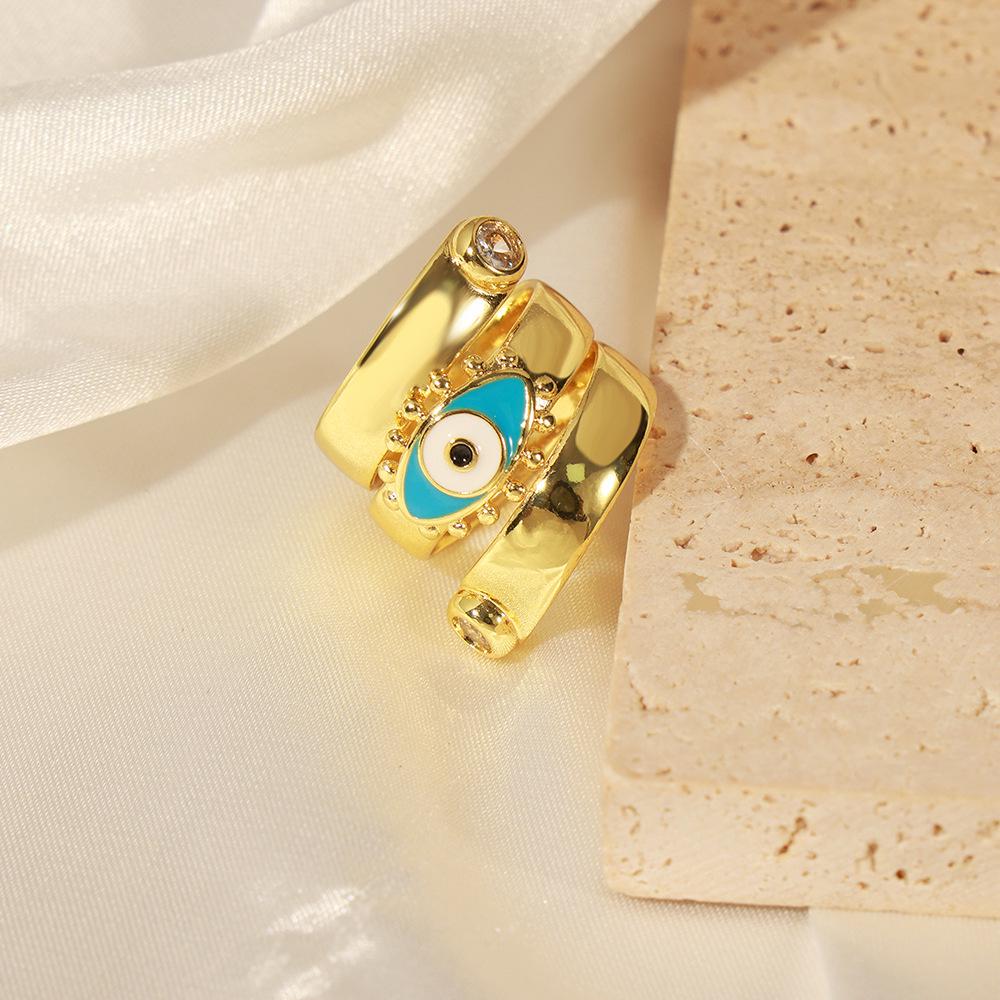 Women's 14K Gold Geometric Ring with Zirconia Devil's Eye for Index Finger - Trendy Spring Design