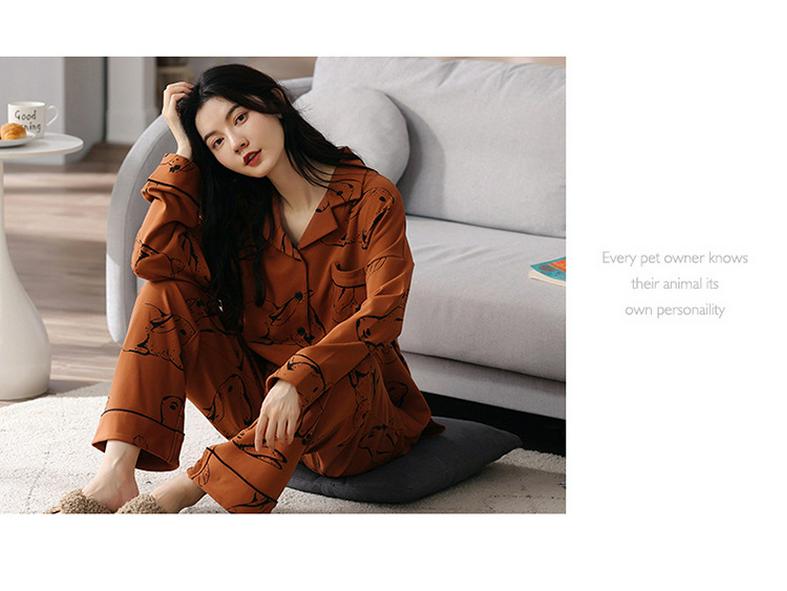 Women's Cute Cartoon Loose-Fit Pajamas Set - Pure Cotton Long Sleeve, Korean Style, Plus Size, Versatile for Indoor & Outdoor Wear.