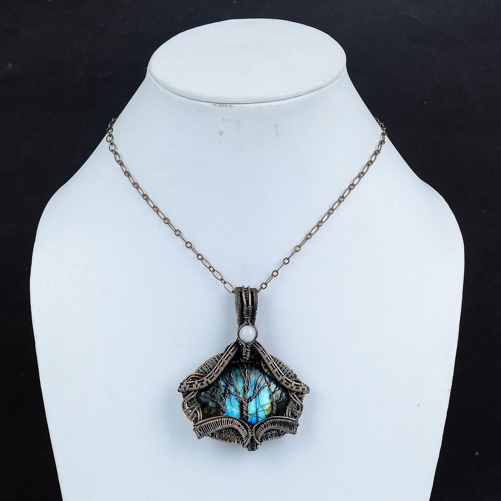 Tree Of Life Labradorite Pendant Copper Wire Wrapped Handmade Pendant Tree Of Life Pendant Rainbow Moonstone Gemstone Jewelry Gift For Women