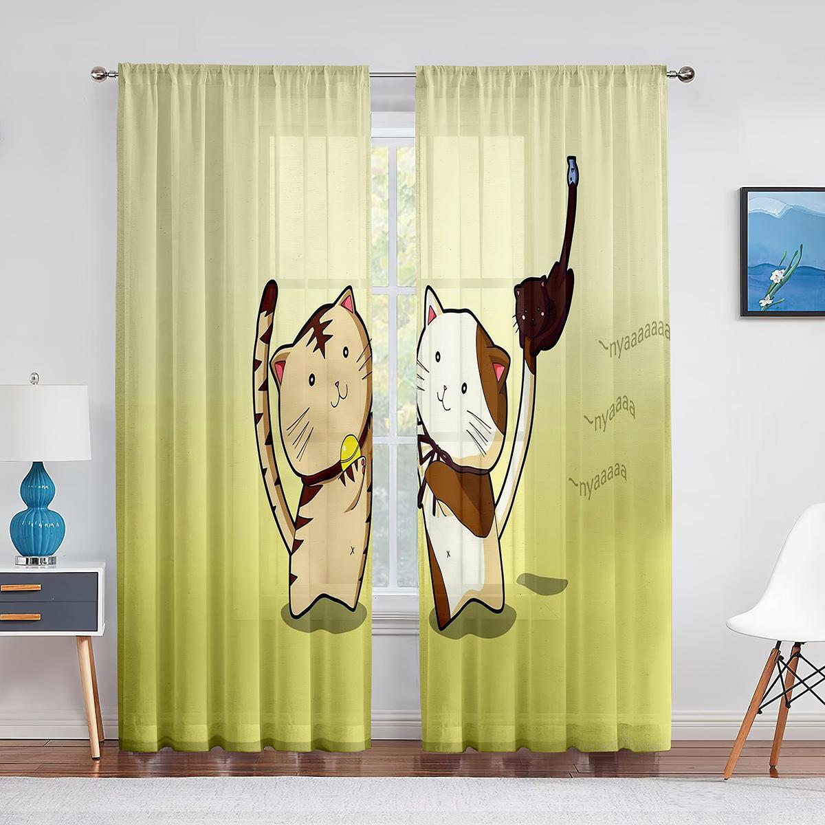 Прозрачные шторы с милым котом в стиле фэнтези для гостиной — фото 14