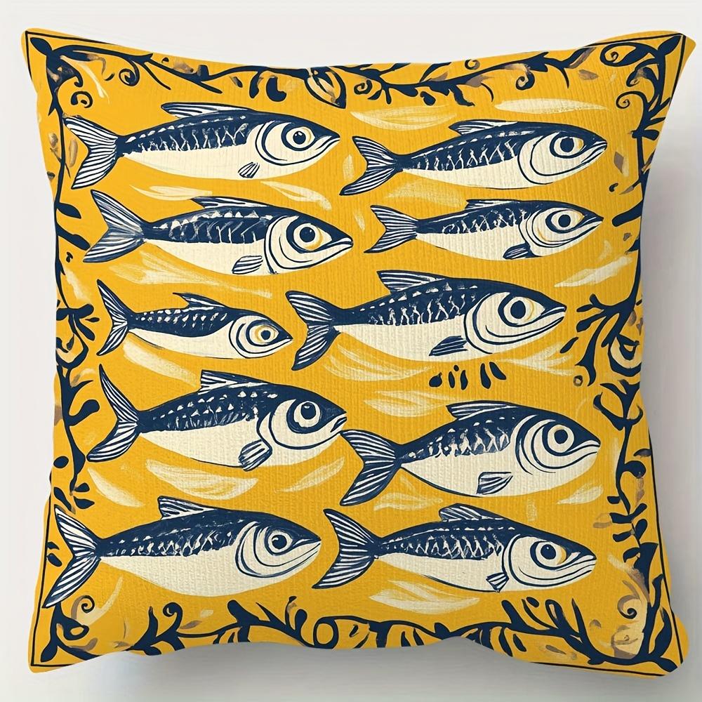 pc Short Plush Decorative Pillow Cover Portuguese Lisbon Sardines Pattern Azulejos Yellow Pillowcase Singlesided Print x 40x40cm