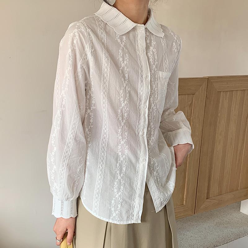 

Белая рубашка женская с длинным рукавом весенняя одежда новая чистый хлопок вышитый топ темпераментная леди рукав-фонарик рубашка M белый